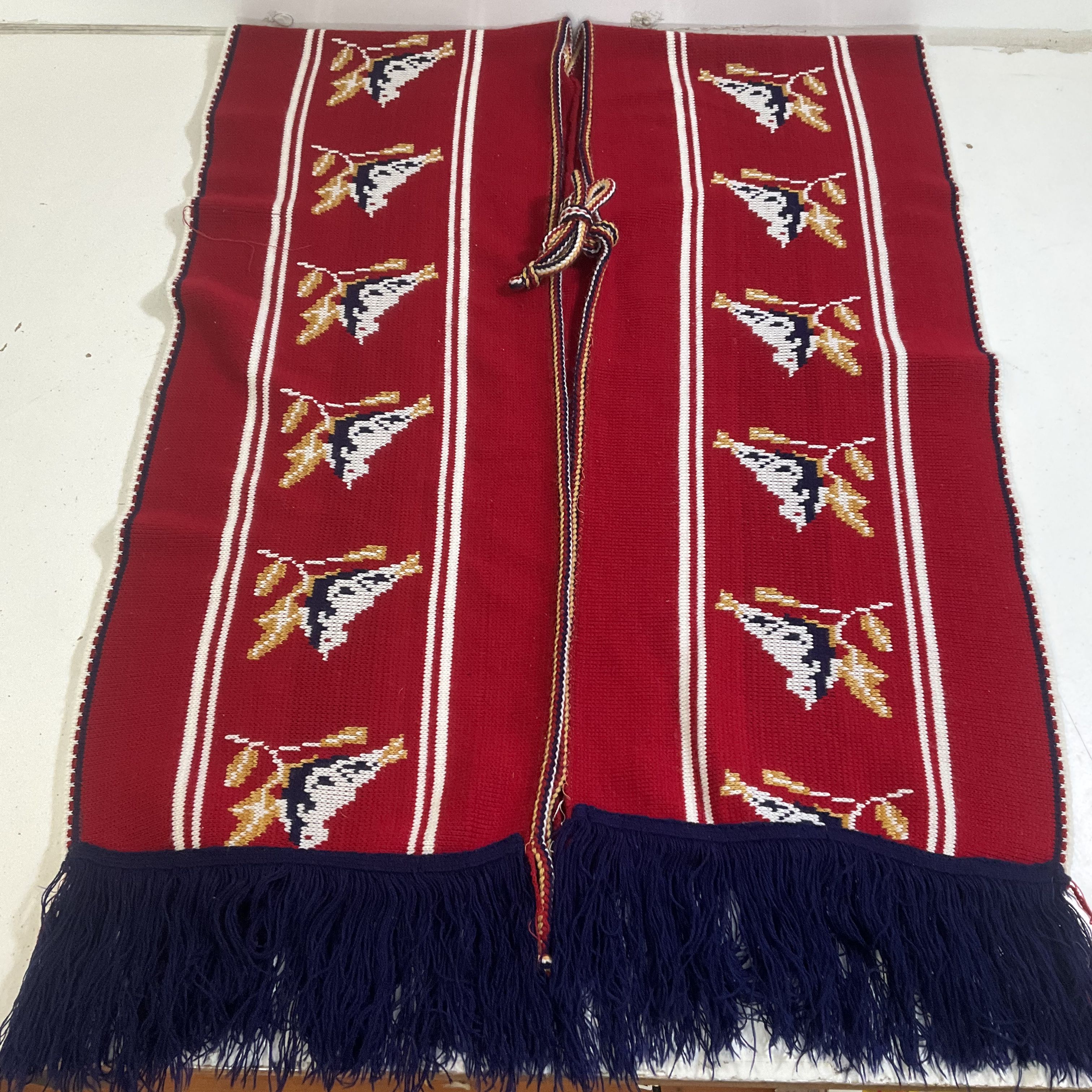 Vintage 70s Knit Poncho Red Bird Fringe Shawl Cape Boho Hippie Folk Art One Size