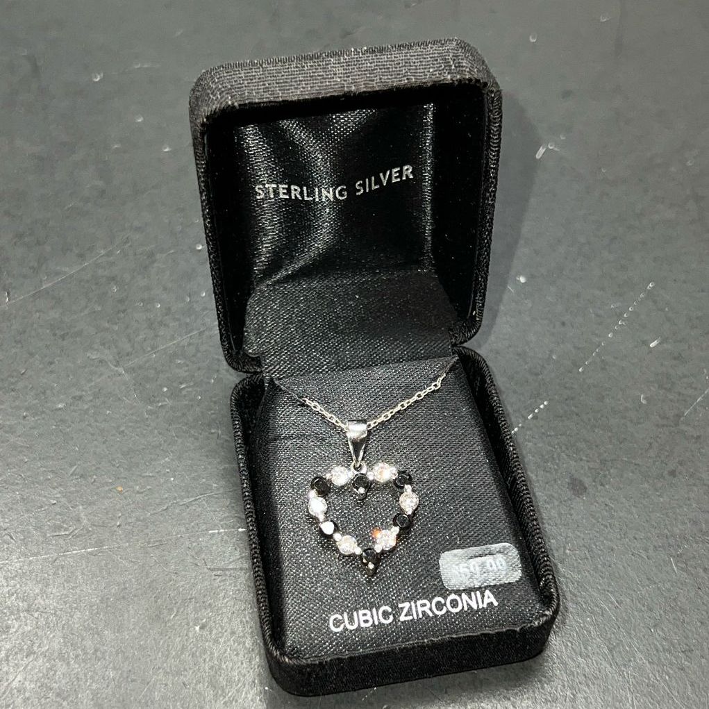 Sterling Silver Cubic Zirconia & Black Stone Heart Necklace NIB