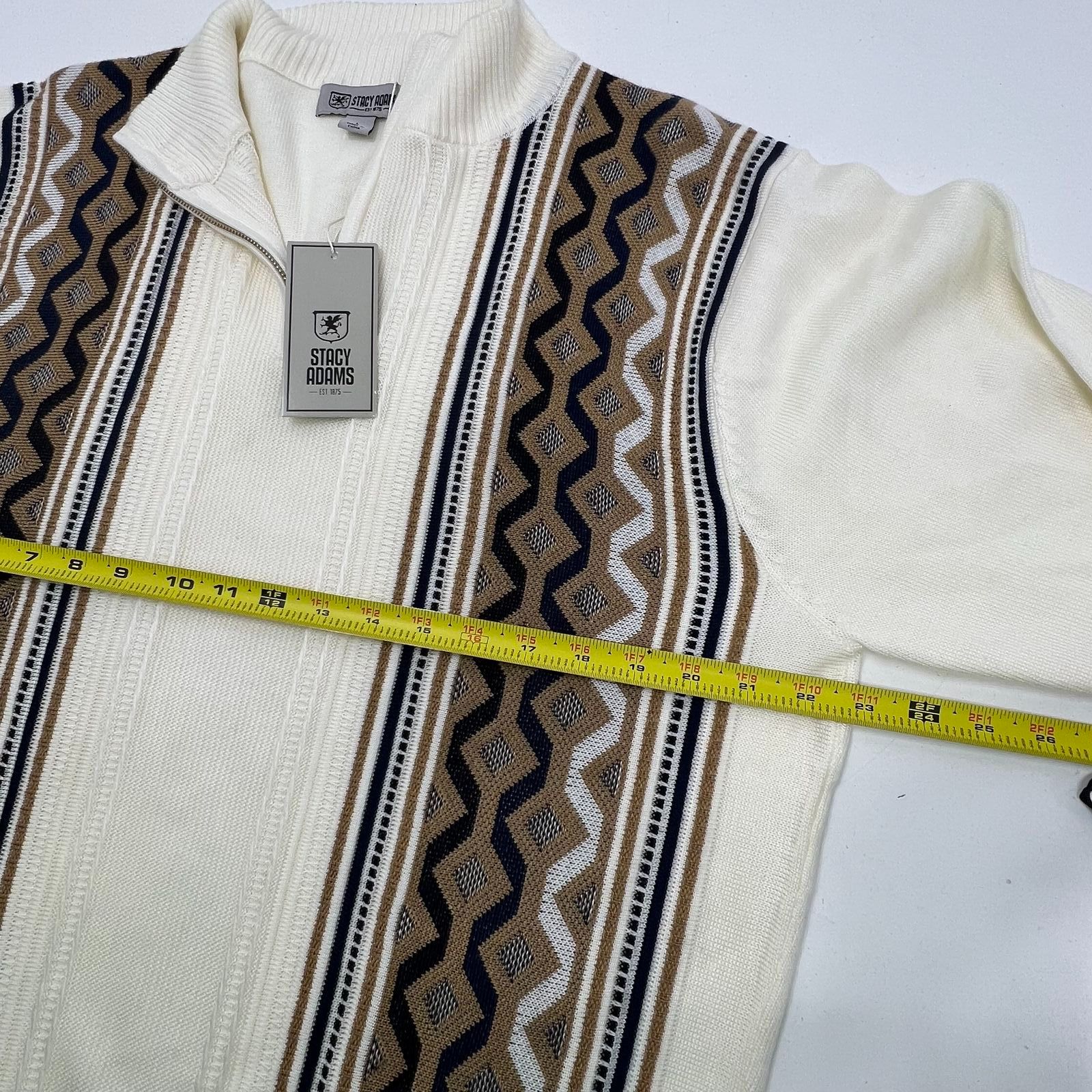 Stacy Adams Cream Geometric Quarter Zip Mock Neck Sweater Men's L NWT
