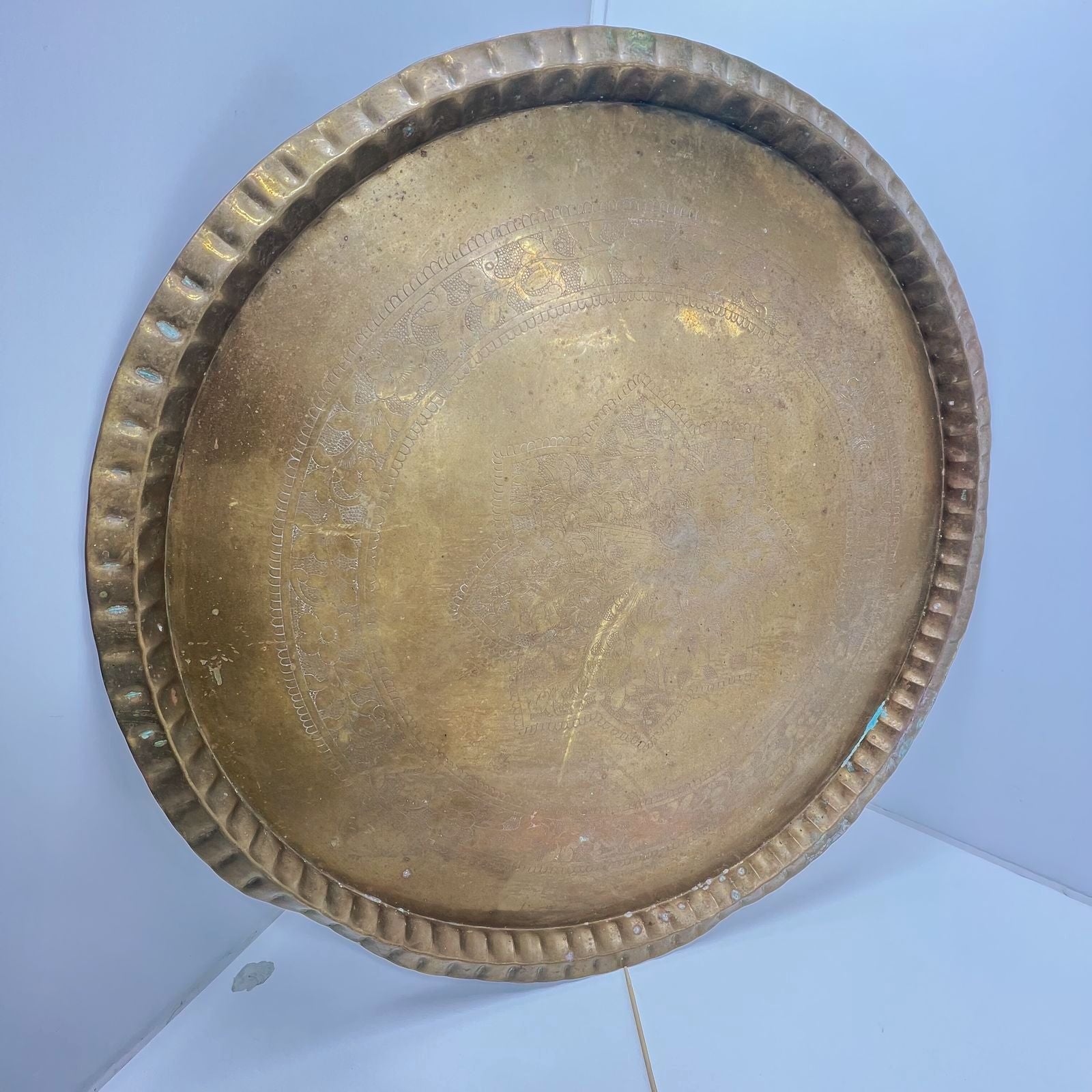 Vintage Large Brass Moroccan Indian Style Tray Table Top Embossed Floral 35.5"