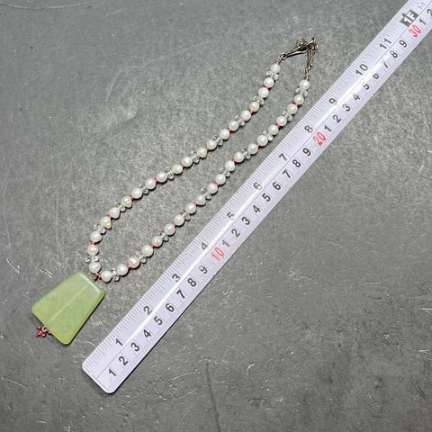 Pearl Beaded Green Stone Pendant Sterling Silver Clasp Necklace