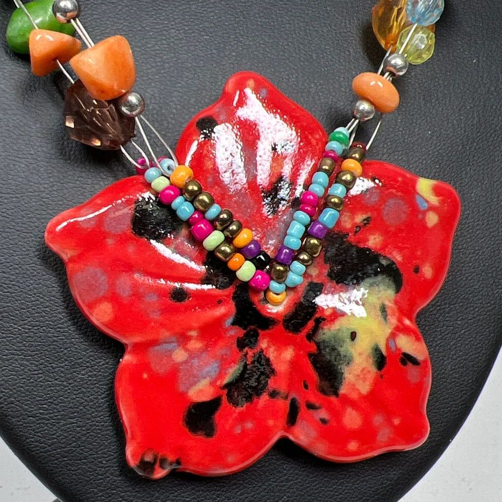 Big Ceramic Flower Pendant Beaded Necklace