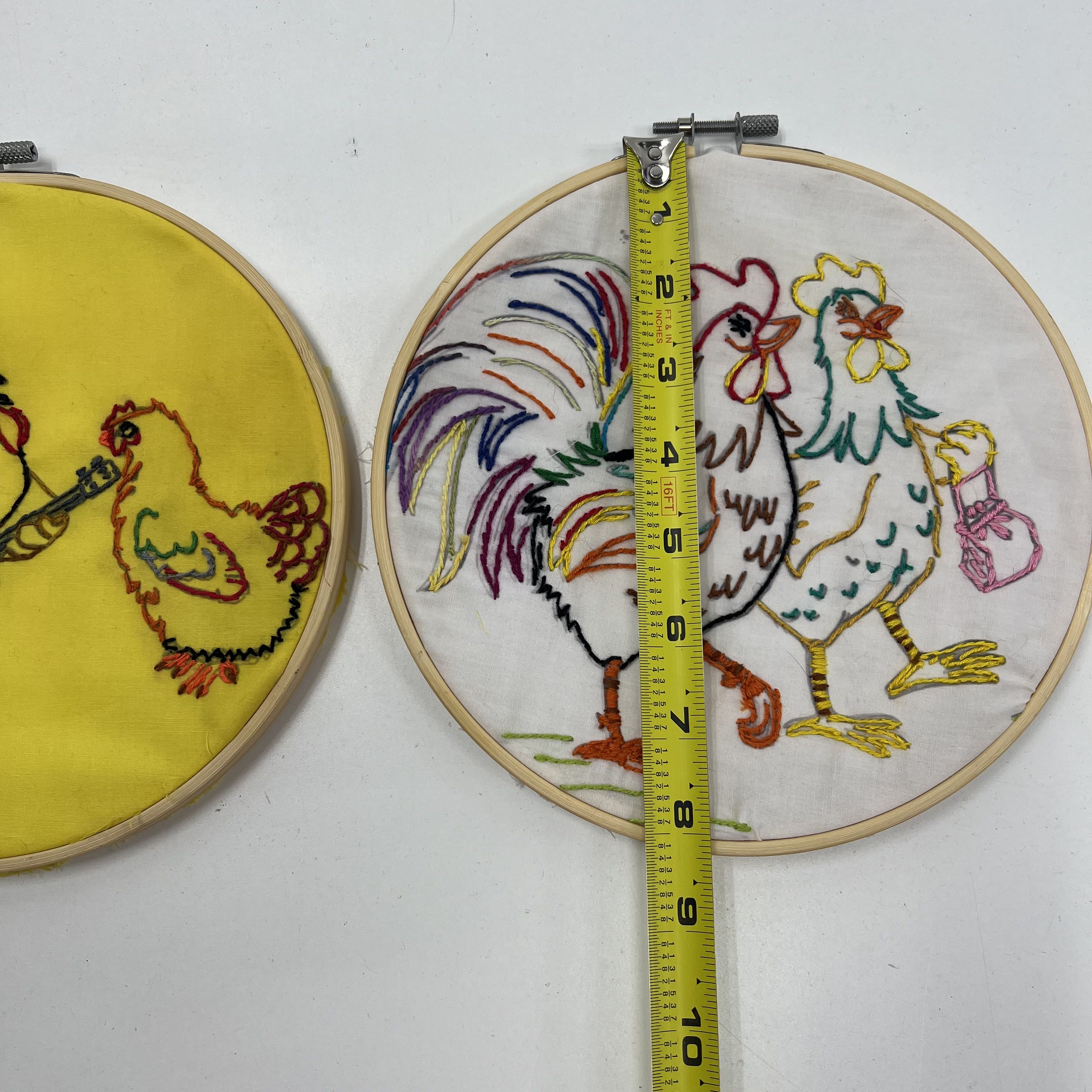 Set of Two Vintage Embroidered Chickens Roosters Handmade 8"