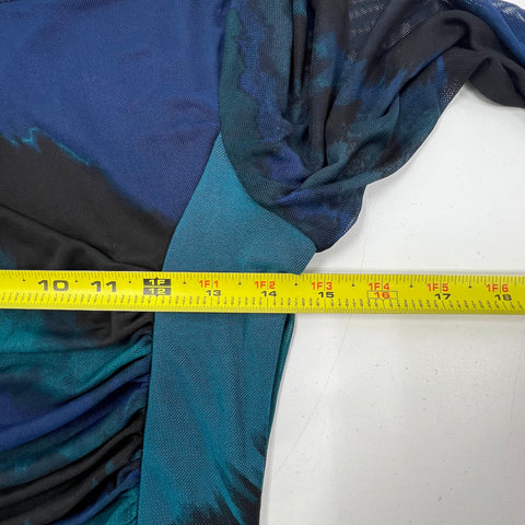 DKNY NWT Teal Glass Abstract Print Ruched Mesh Sleeve Sheath Dress Sz 10P