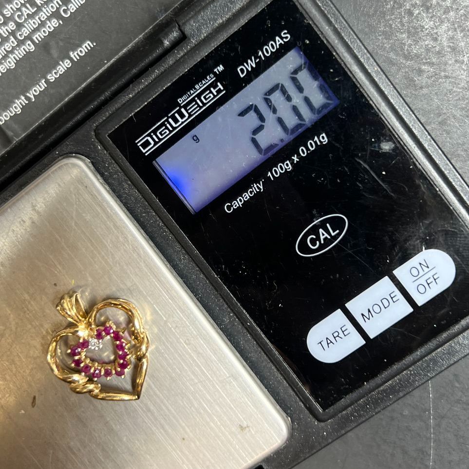 10K Yellow Gold Red & Clear Gemstone Heart Pendant 2g