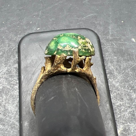 14K Yellow Gold Branches Setting Green Stone Ring Size 10 5.58g