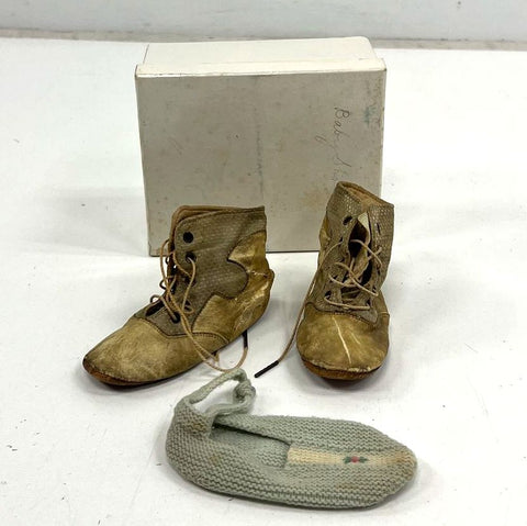 Vintage Antique Leather Baby Boots & Knit Bootie Lot w/ Box Display Prop