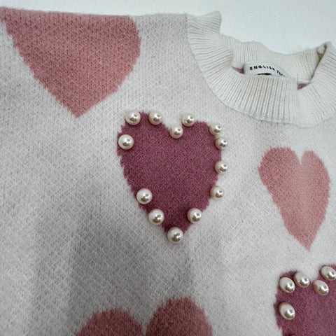 English Factory White Pink Heart Print Faux Pearl Knit Sweater Women's M