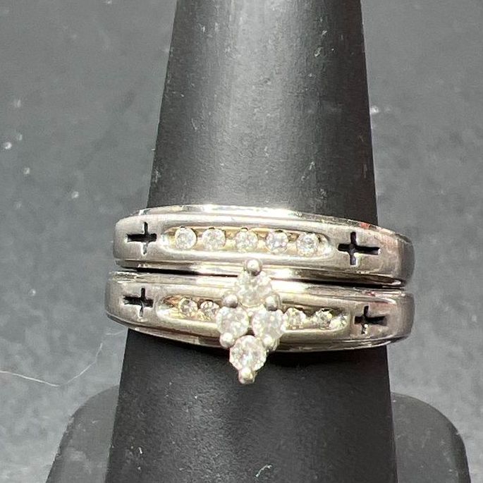 Sterling Silver Diamond Crosses Ring Christian Engagement Wedding Set 7.88g