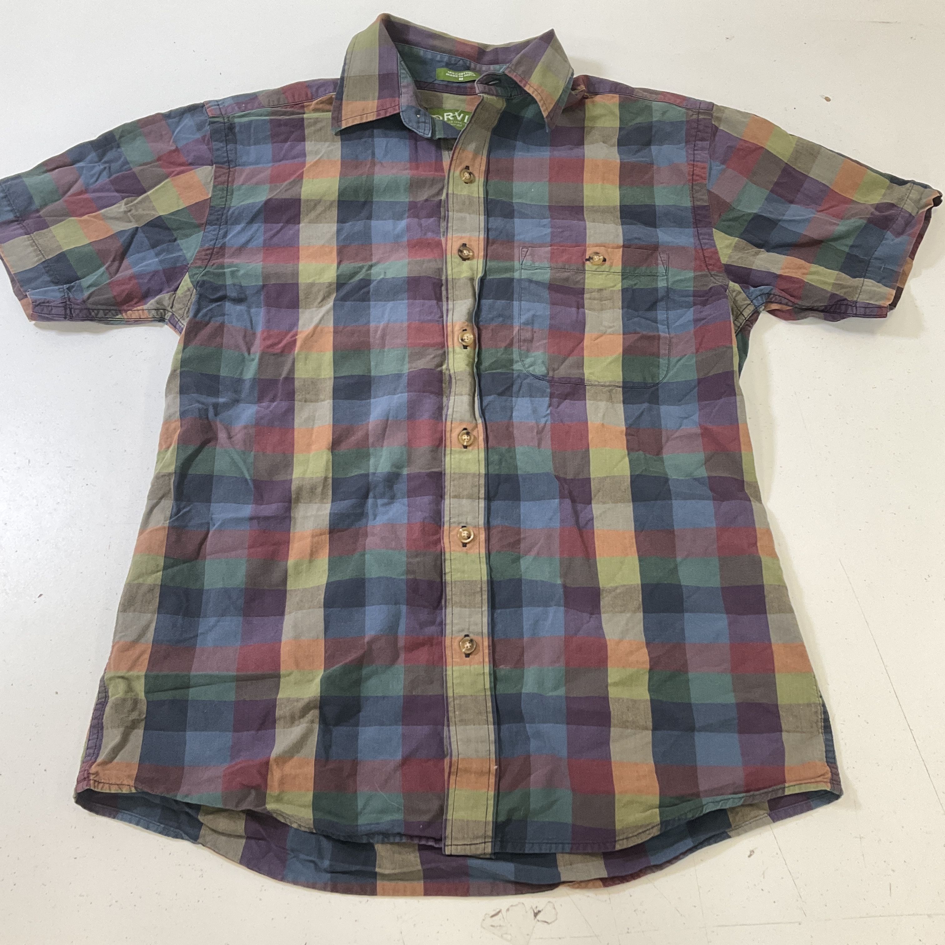 Orvis Men's Multicolor Check Short Sleeve Button Up Cotton Shirt Size Medium