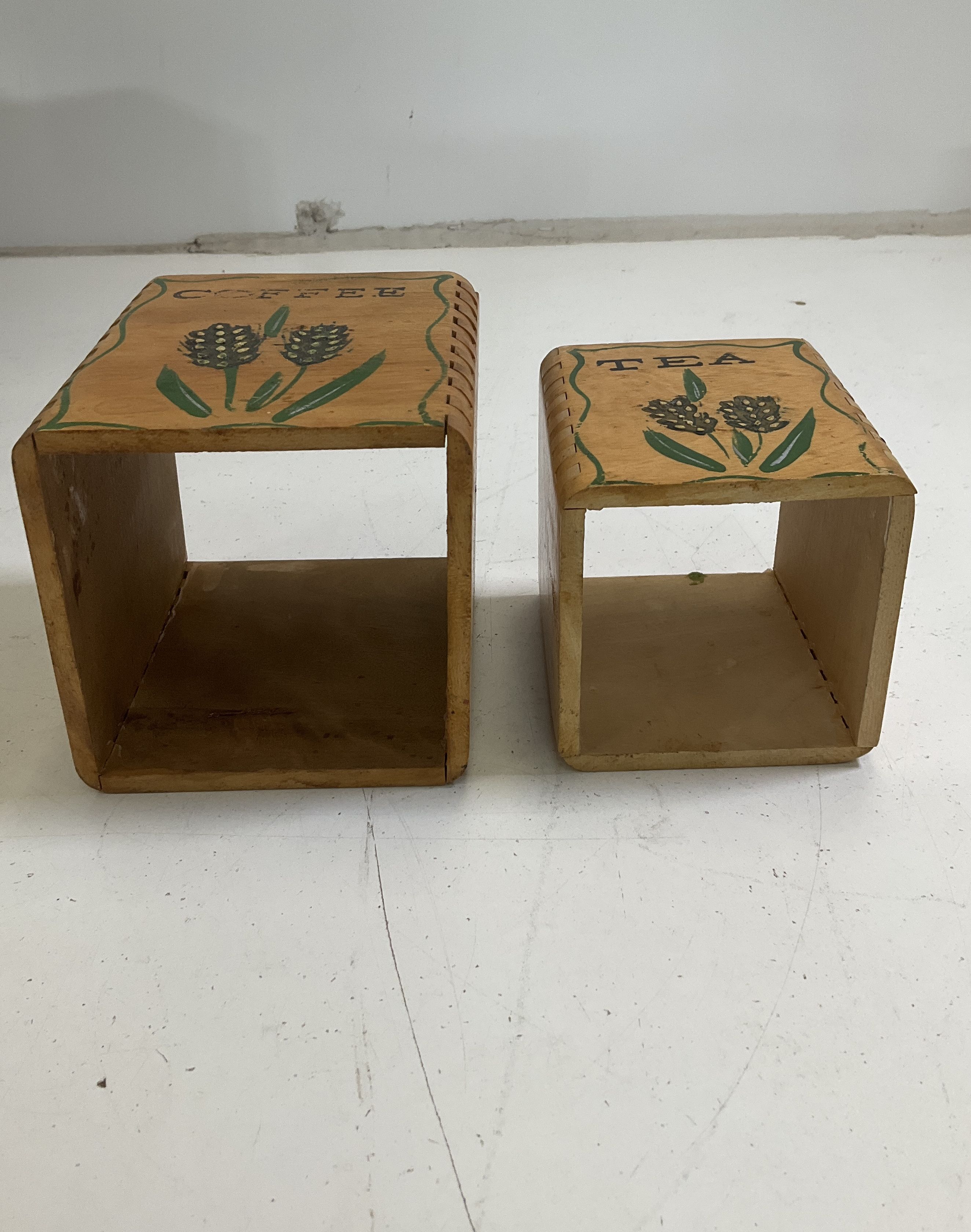 Vintage Wood Nesting Canister Set 4 Piece Hand Painted Wheat Graphic Rustic