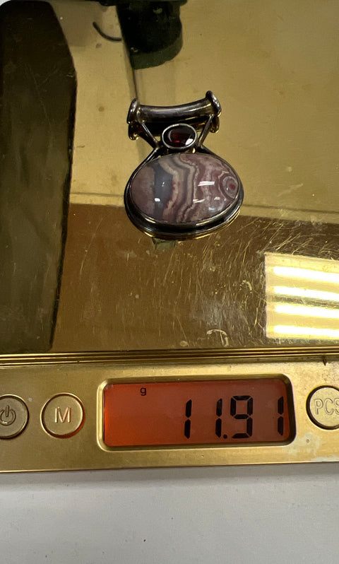Sajen Signed 925 Sterling Silver Banded Agate Gemstone Pendant 1.5"