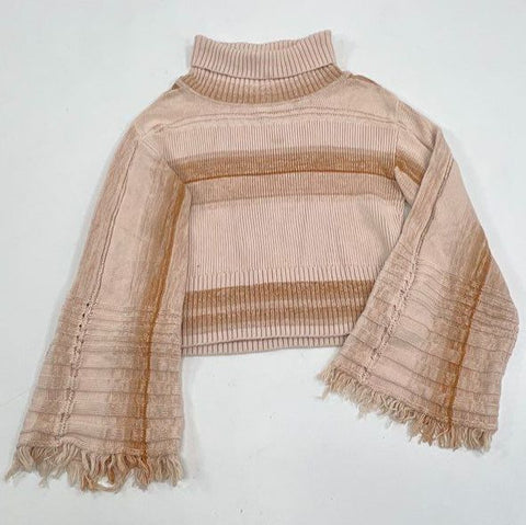 Free People So Low So High Beige Striped Ribbed Knit Bell Sleeve Sweater Womens