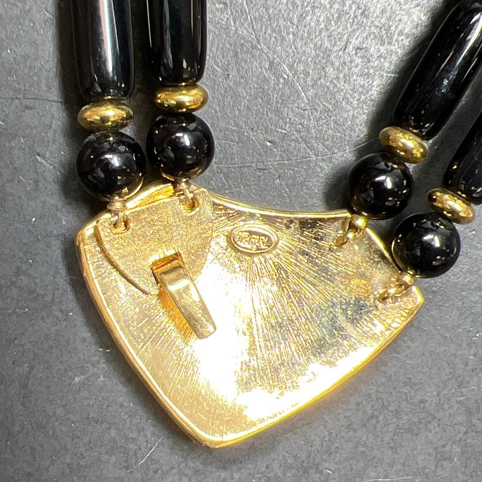 Trifari Black Enamel Gold Tone Pendant Beaded Necklace