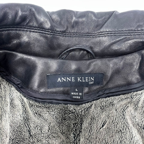 Anne Klein Black Leather Faux Fur Lined Full Zip Jacket Coat Women's L
