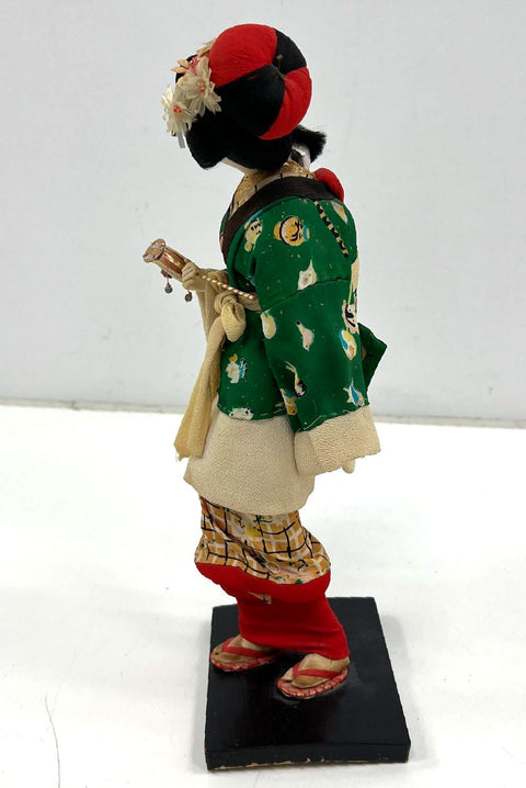 Vintage Mid-Century Japanese Geisha Doll Figure Gofun Face Kimono Wood Base