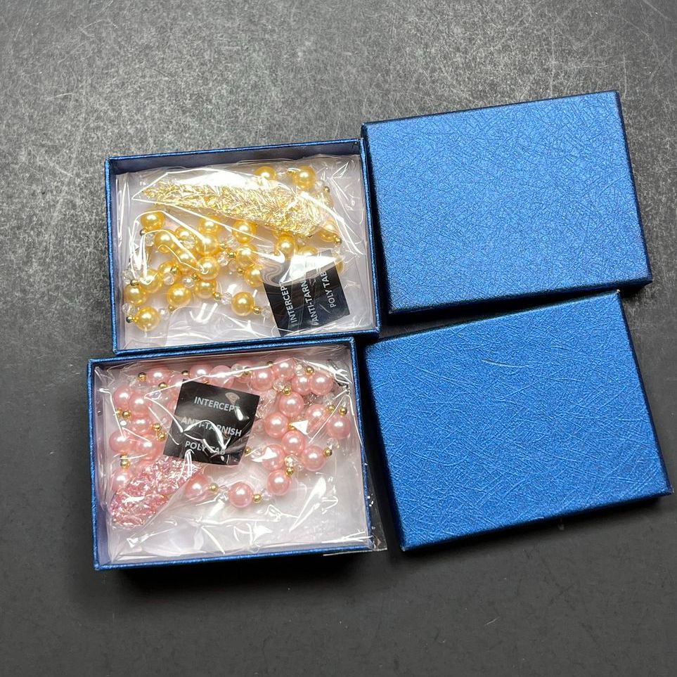 2 Pink & Yellow CZ Shell Pearl White Mystic Color Glass Necklaces NIB