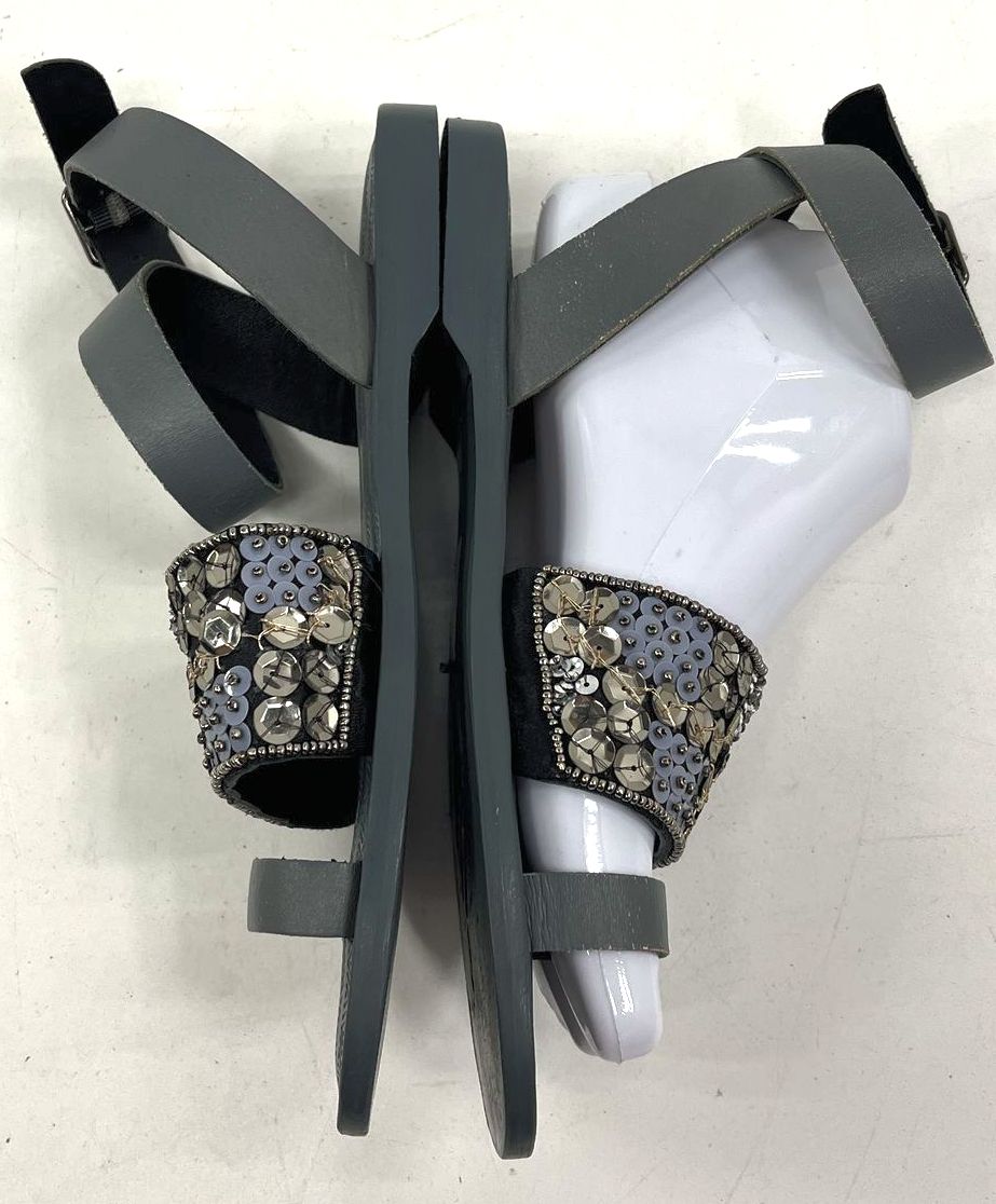 Free People Grey Beaded Sequin Ankle Strap Toe Loop Flat Sandals Size EU 37 US 7