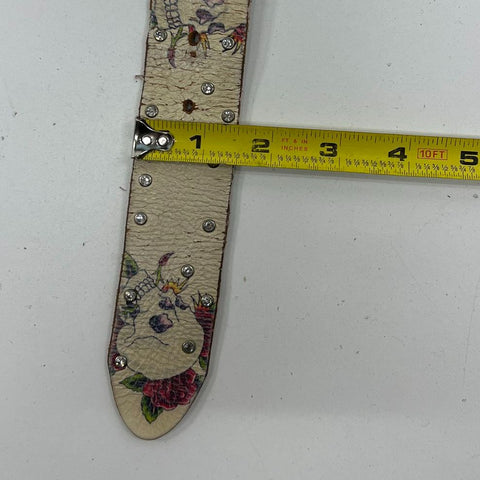Vintage Y2K Ed Hardy Cream Skull Rose Tattoo Rhinestone Studded Leather Belt 45
