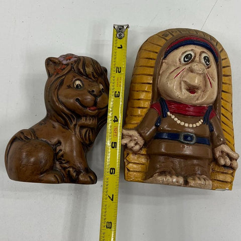 Vintage Ceramic Lion Figurines & Wall Plaque Lot of 3 Hand Painted 1970s