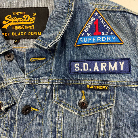 SuperDry Blue Copper Black Denim Patched Trucker Jacket Men's Size L