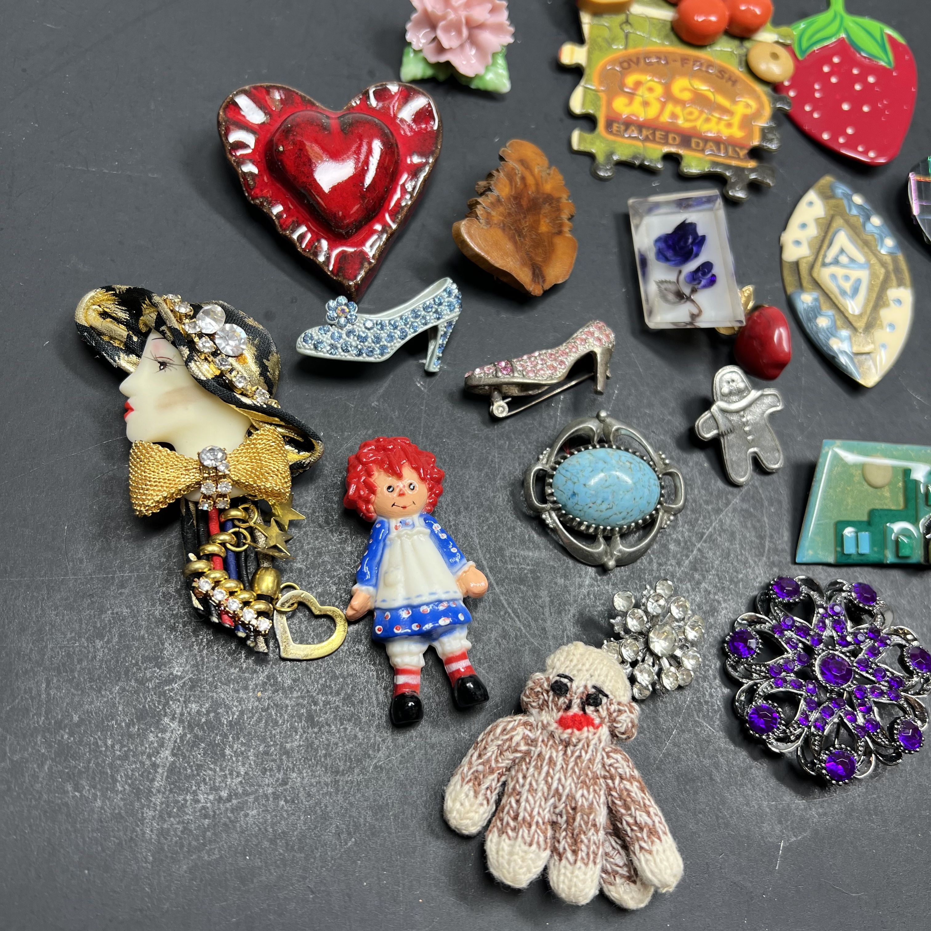 Assorted Styles Brooches Pins Scarf Clips Gold Silver Tone Sock Monkey Food Bow