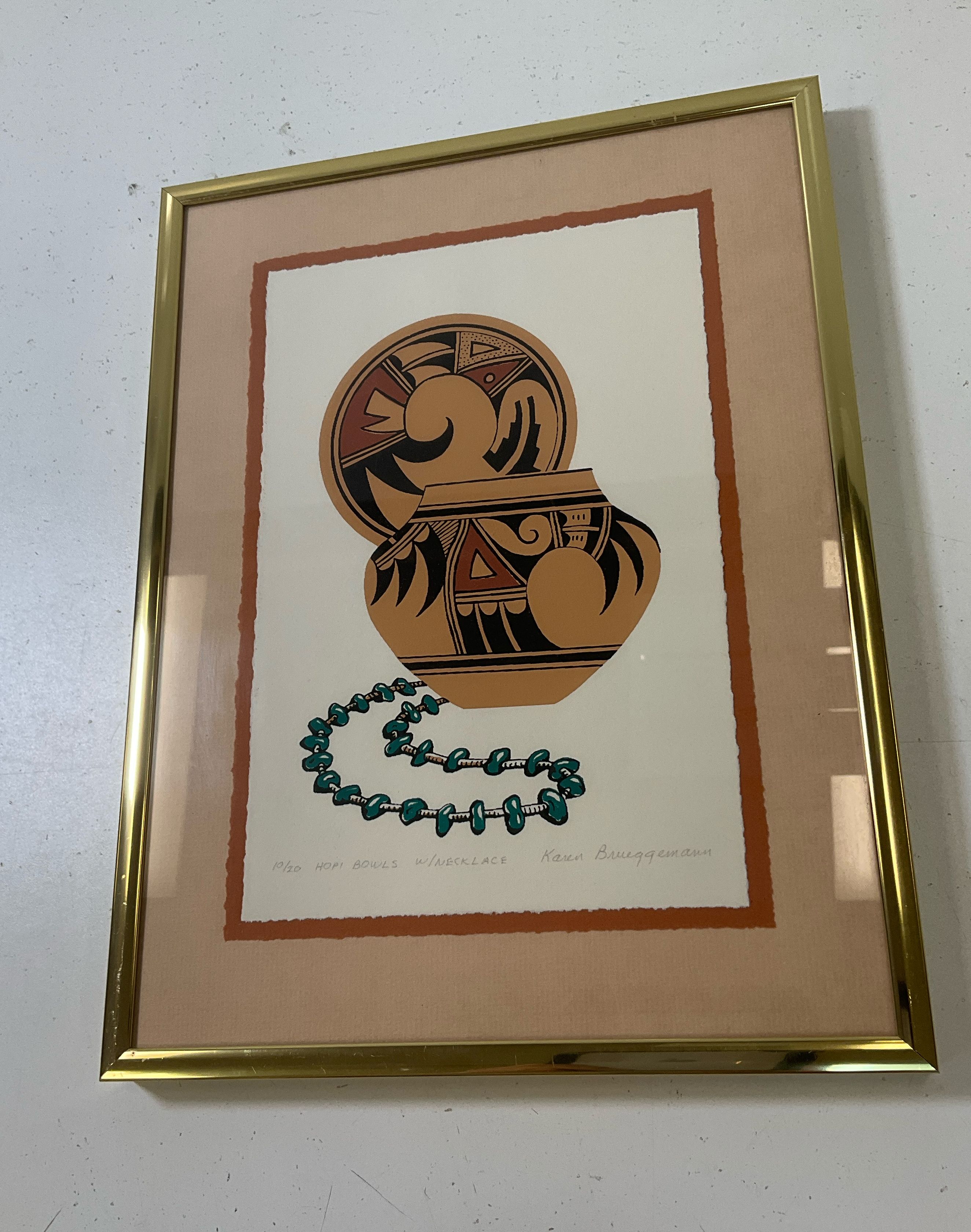 Karen Brueggemann Framed & Matted Signed Numbered Prints Hopi Bowls Pair 9x12