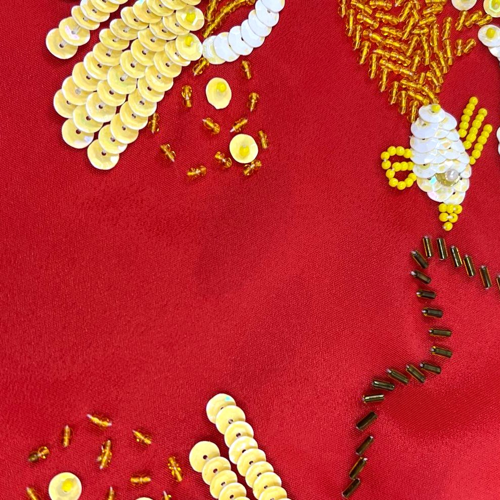Vintage 60s Red Silk Cheongsam Qipao Dress Hand Beaded Phoenix Sz M