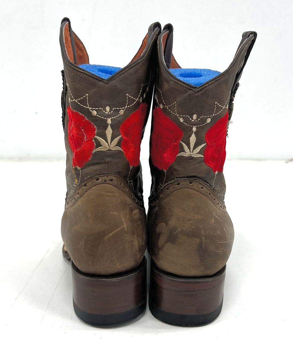 Verthali Women's Brown Floral Embroidered Faux Leather Cowboy Boots Size 9.5