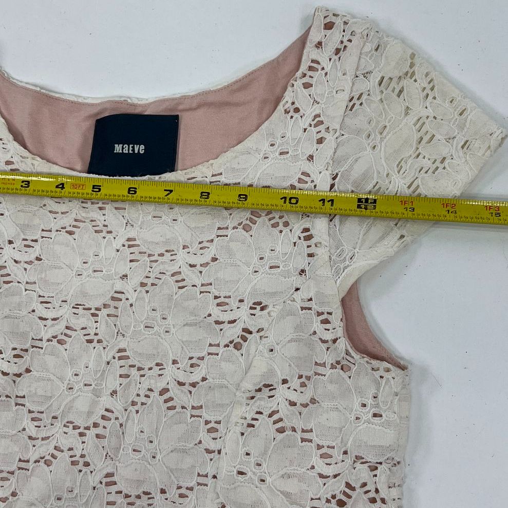 Women's Maeve by Anthro Cream Lace Pink Lining Cap Sleeve Dress - Size Small