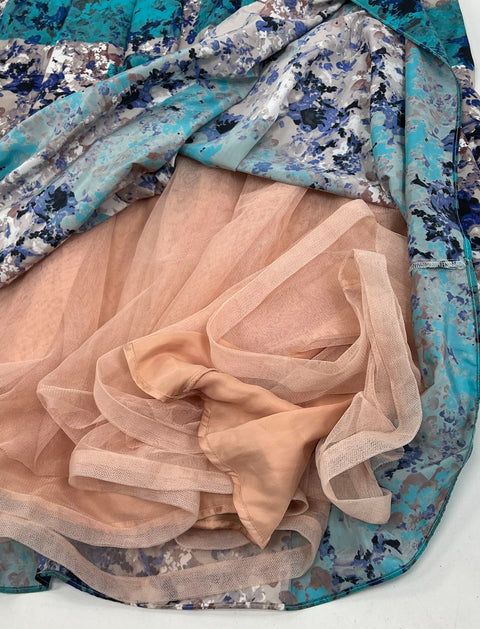 Anthropologie Moulinette Soeurs Teal Floral Tulle Lined Maxi Skirt Women's 6