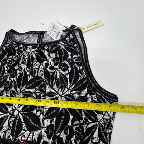 Max Studio NWT Black White Red Leaf Print Halter Asymmetrical Dress Women's L