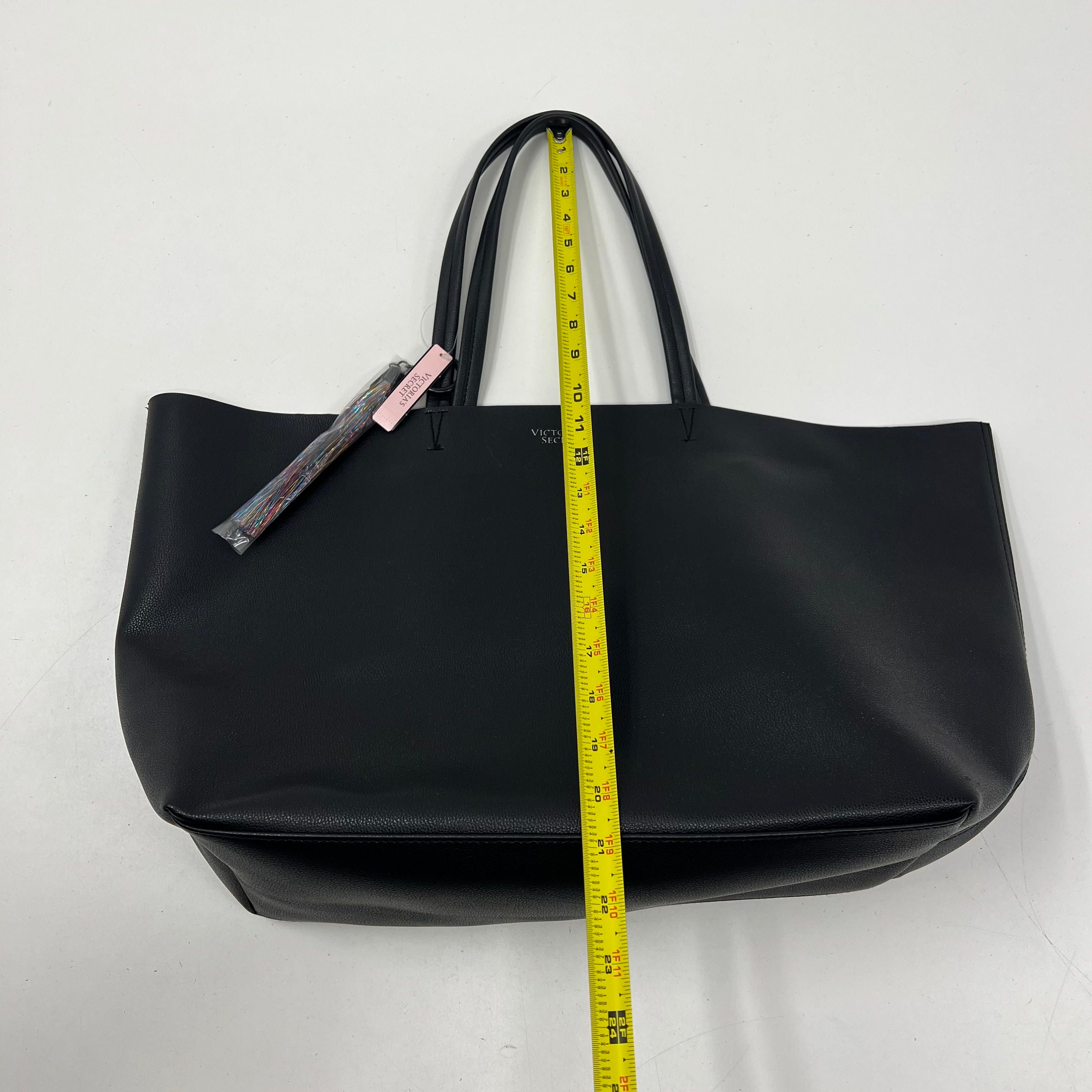 NWT Victoria Secret Large Tote Black Faux Leather Tinsel Tassel $99