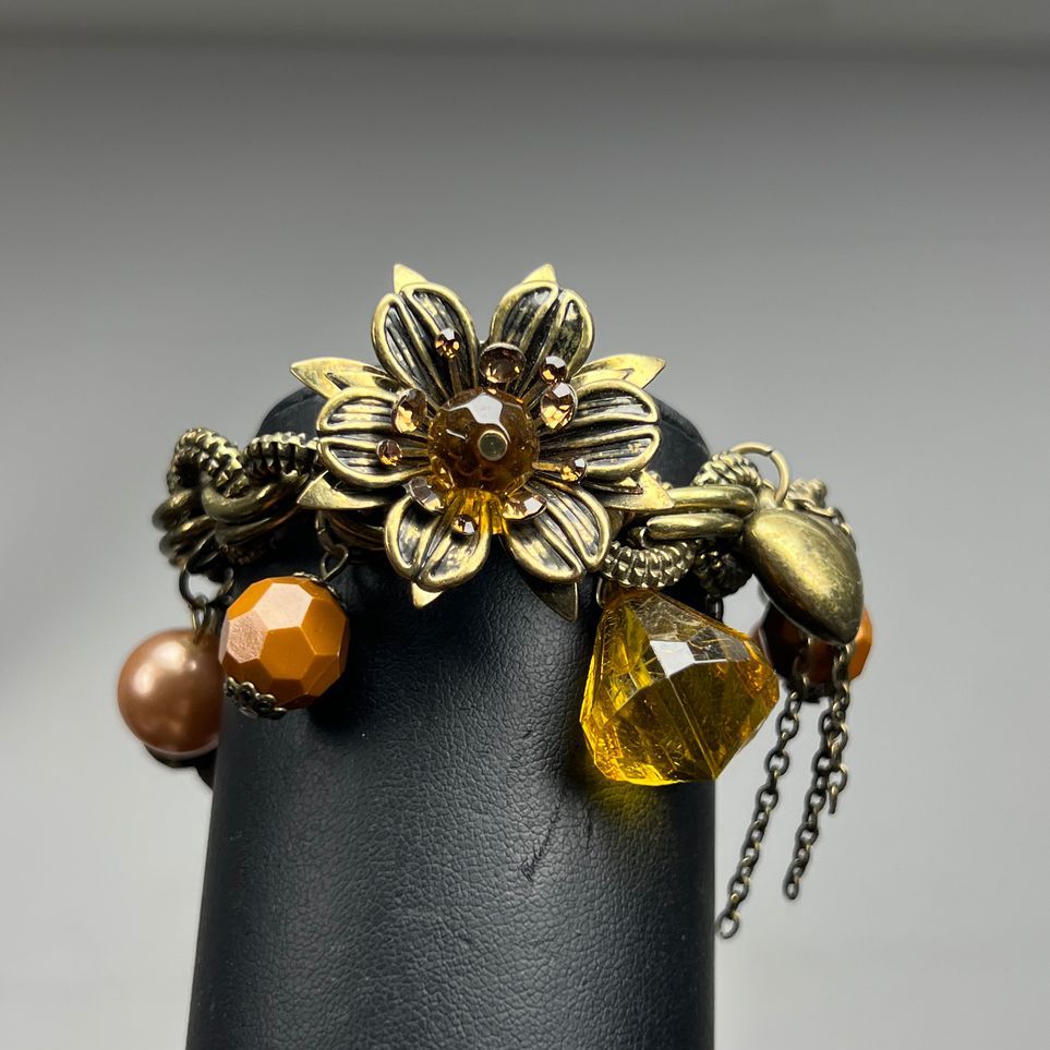 Yellow Brown Beaded Floral Charm Bracelet