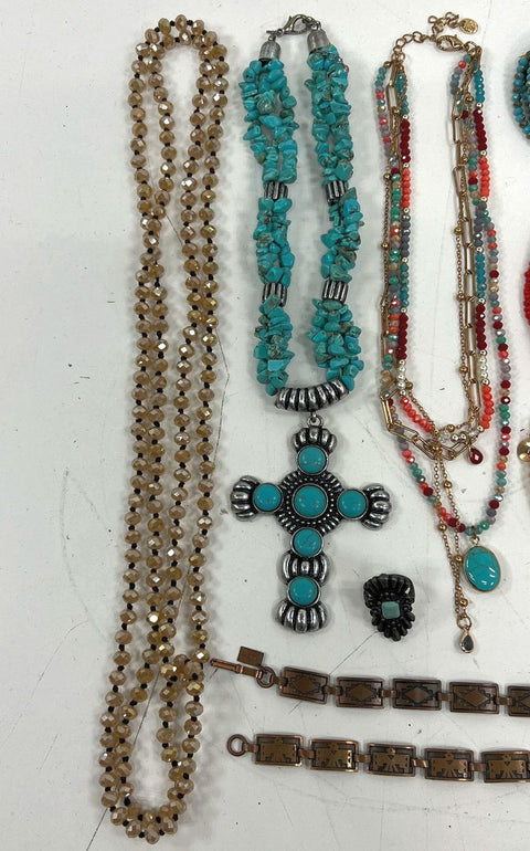 Lot 14pc Southwestern Style Jewelry Faux Turquoise Coral Cross Feather Horses