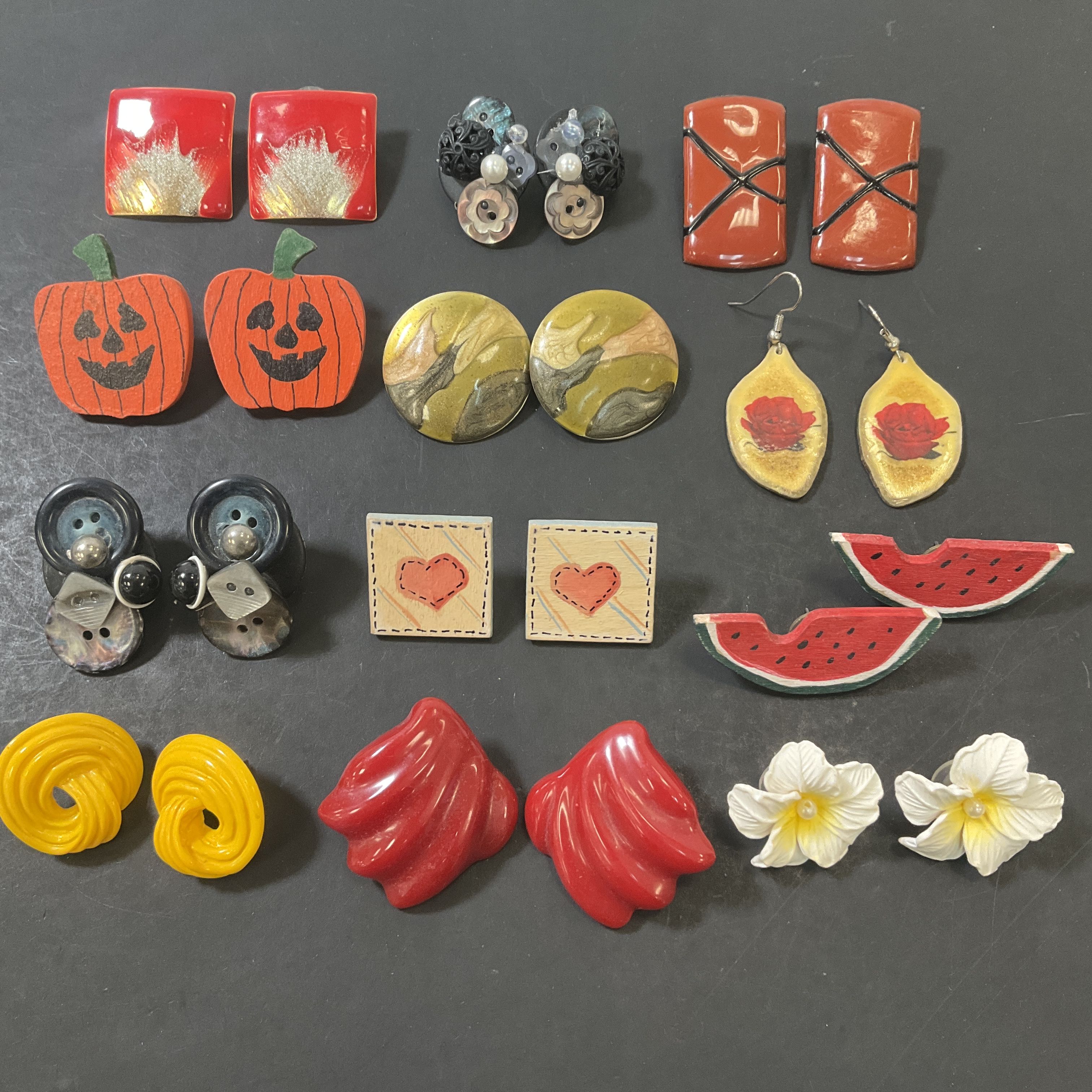 Lot of Vintage Fashion Earrings Figural Novelty Pierced 12 Pair Plastic Enameled