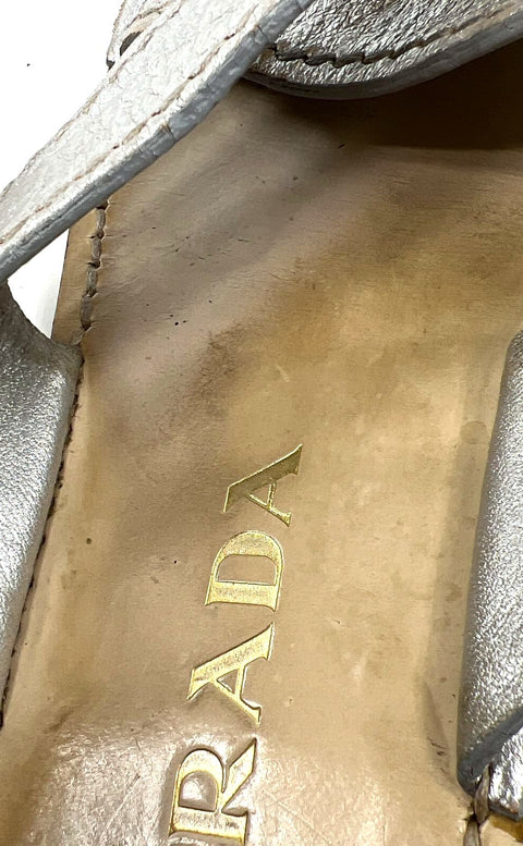 Prada Metallic Silver Leather Criss Cross Platform Slide Sandals Size 37