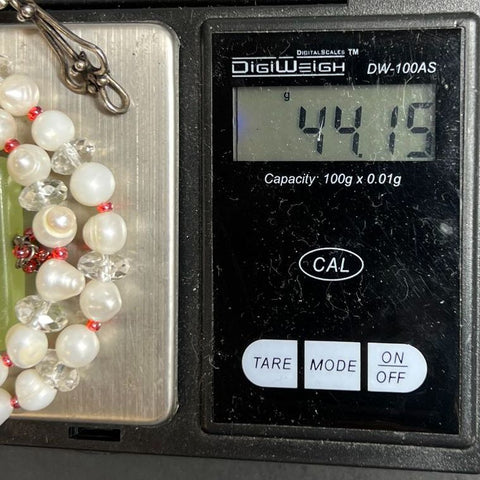 Pearl Beaded Green Stone Pendant Sterling Silver Clasp Necklace