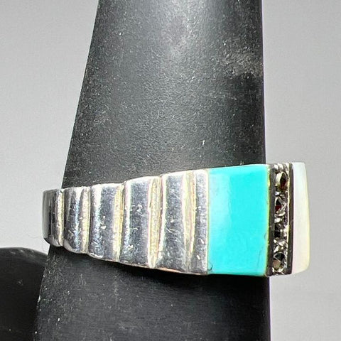 925 Sterling Silver Turquoise Mother Of Pearl & Marcasite Ring Size 8.5 5.08g
