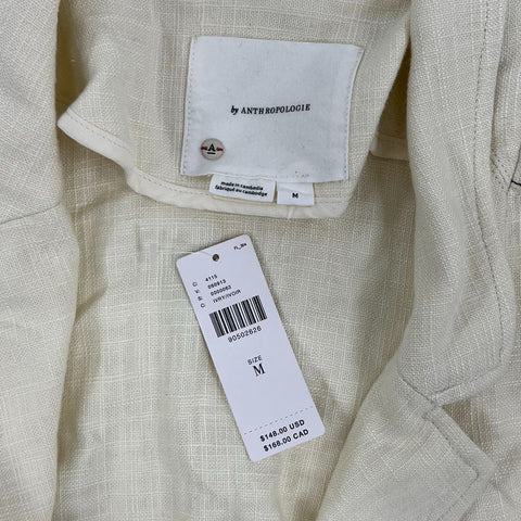 Anthropologie Ivory Belted Linen Blend Contrast Stitch Jacket Blazer Women's M