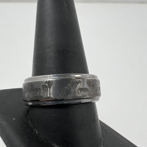 Tungsten Carbide Deer Forest Hunting Scene Wedding Band Ring Size 11