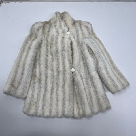 Vintage 70s Avec Tu White Gray Striped Glenoit Faux Fur Coat Jacket Women's