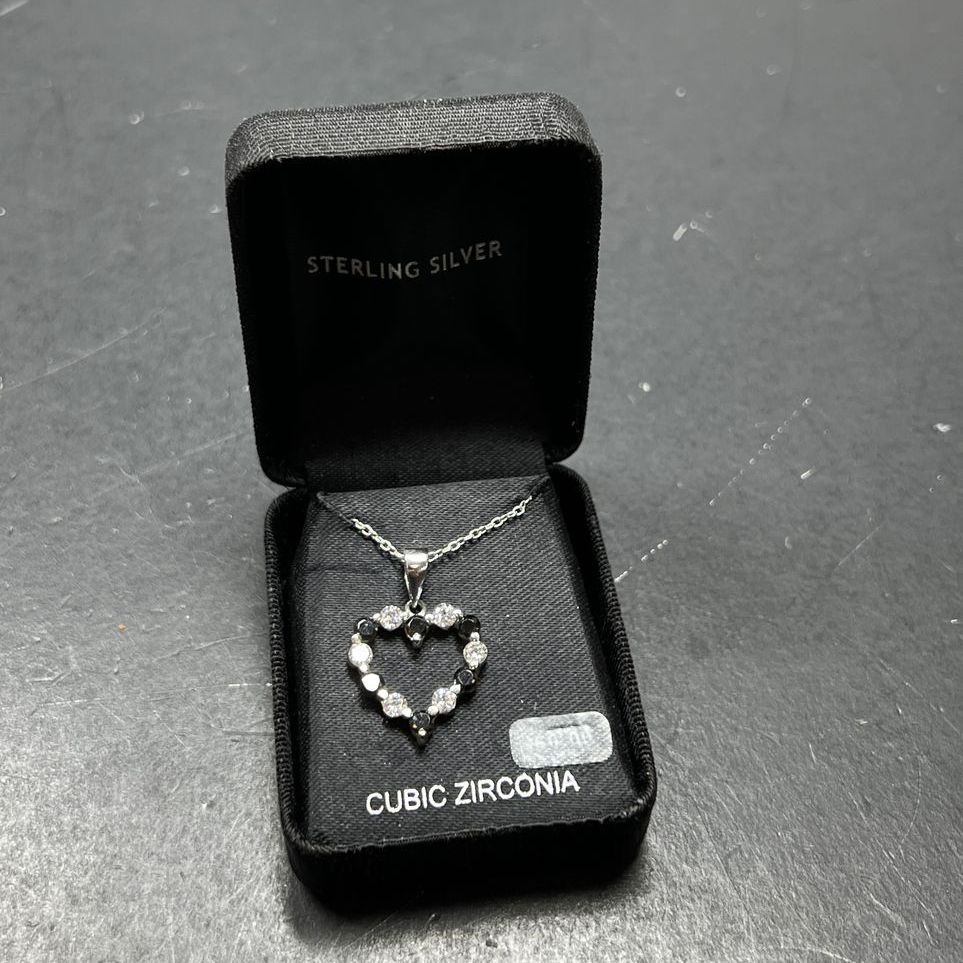 Sterling Silver Cubic Zirconia & Black Stone Heart Necklace NIB