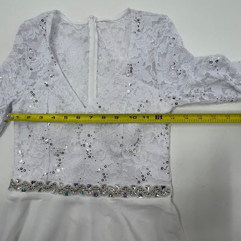La Scala White Sequin Lace Bodice Rhinestone Formal Gown Dress Women's M