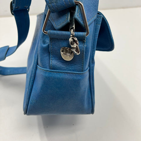 Vintage 70s Samsonite Blue Faux Leather Flight Bag Carry On Satchel Silver Tone