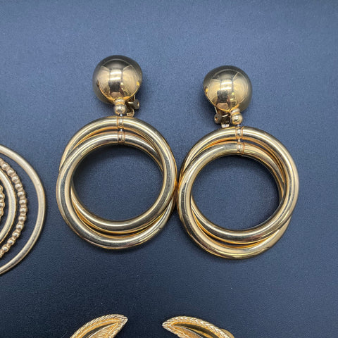 Vintage Gold Tone Clip On Earrings Lot 5 Pairs Chunky 1980s Retro Fashion