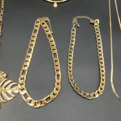 Gold Tone Fashion Necklace Lot of 7 Statement Chains Chokers Monstera Geometric