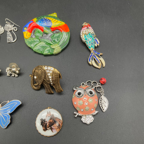 Vintage Animal Theme Costume Jewelry Lot 13pc Elephant Owl Butterfly Cat Penguin