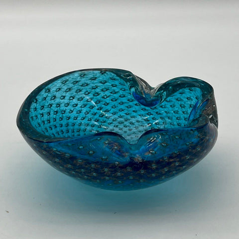 Art Glass Bowl Bullicante Controlled Bubble Blue Gold Aventurine 7 Inch Vintage