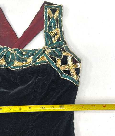 Vintage 90s Blondie & Me Black Velvet Sequin Halter Gown Dress USA Sz XS